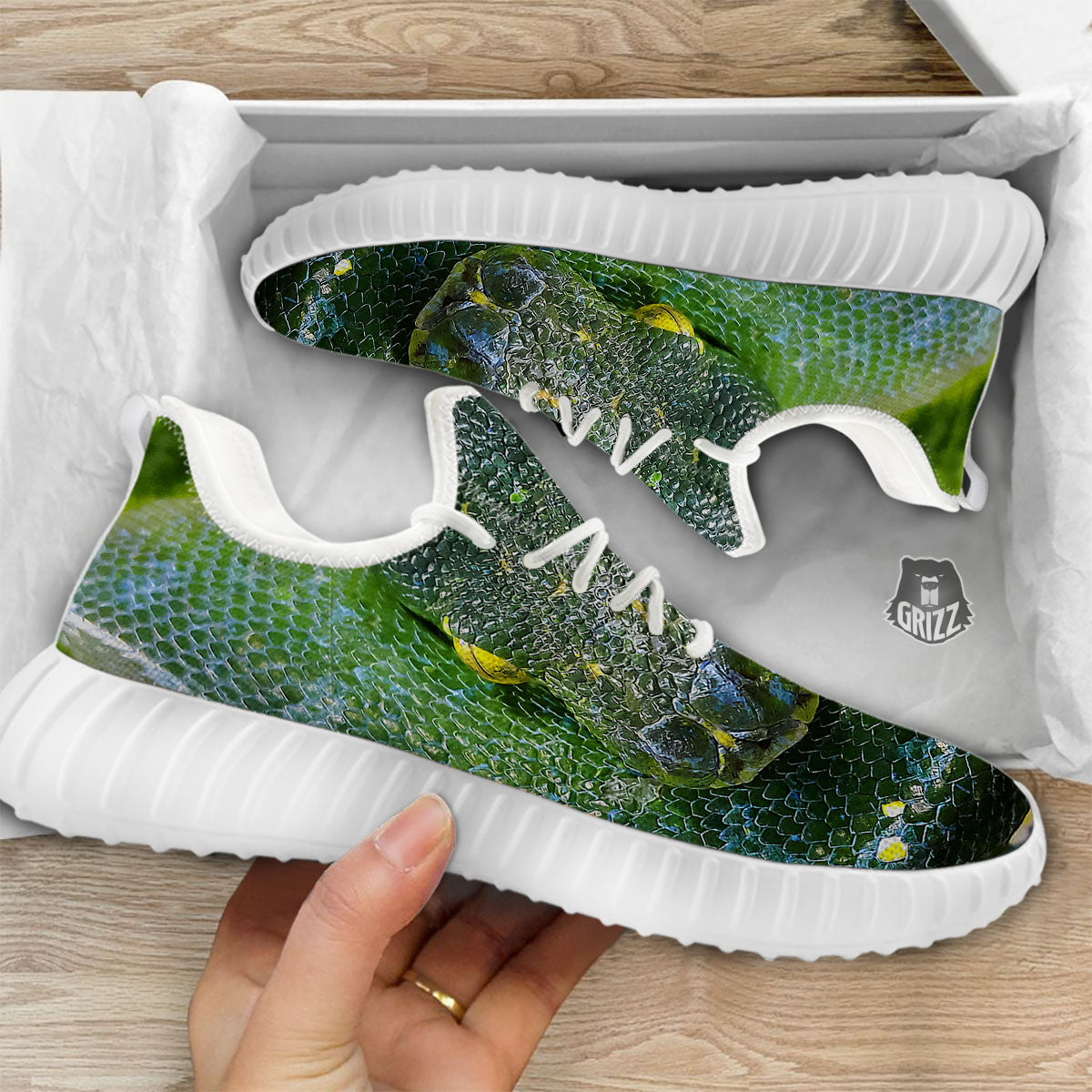 Python Snake Green Reticulated Print White Walking Shoes-grizzshop