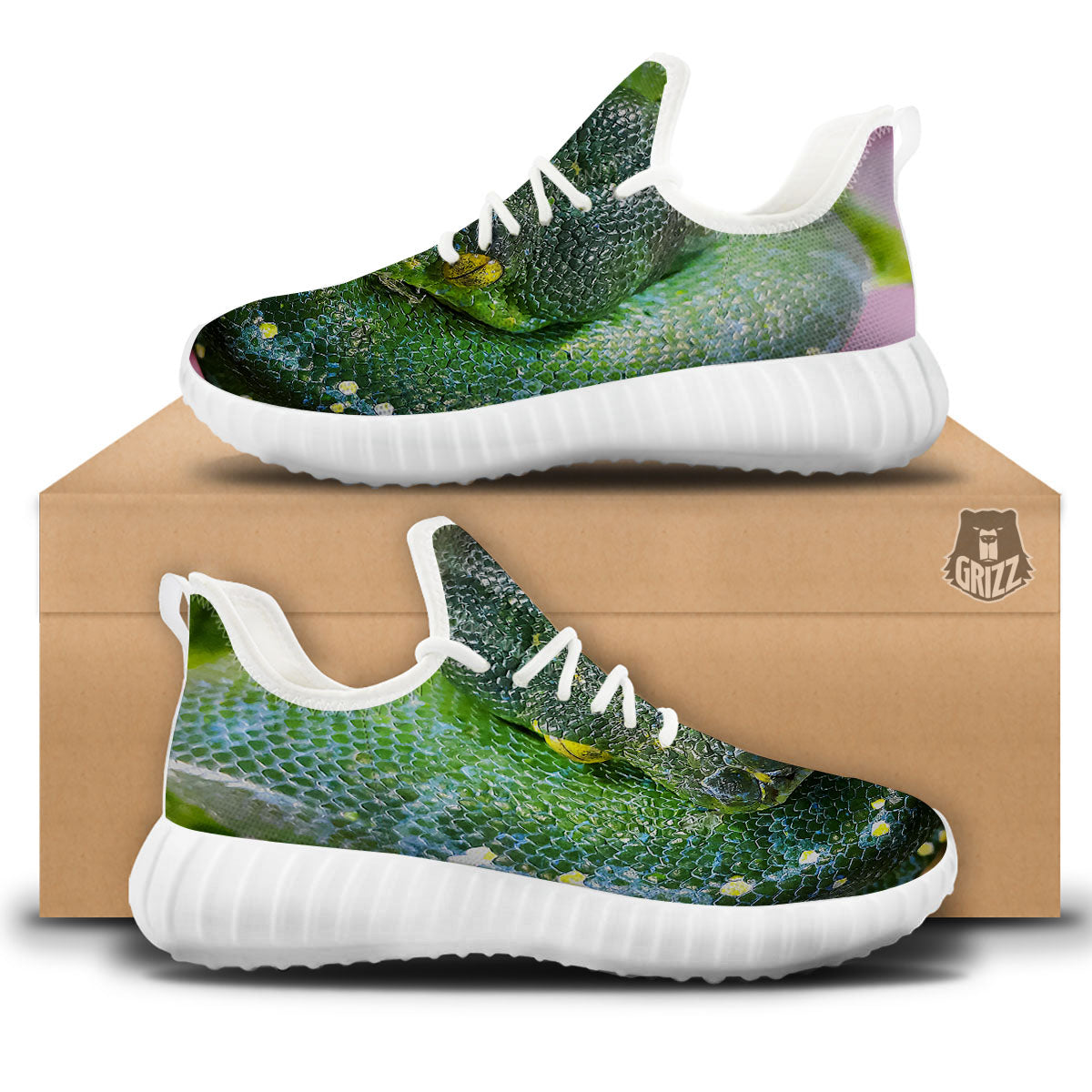 Python Snake Green Reticulated Print White Walking Shoes-grizzshop