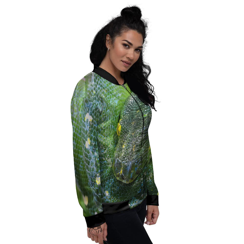 Python Snake Green Reticulated Print Women's Bomber Jacket-grizzshop
