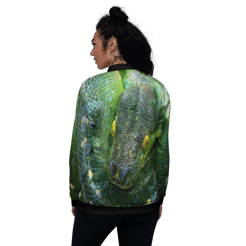 Python Snake Green Reticulated Print Women's Bomber Jacket-grizzshop