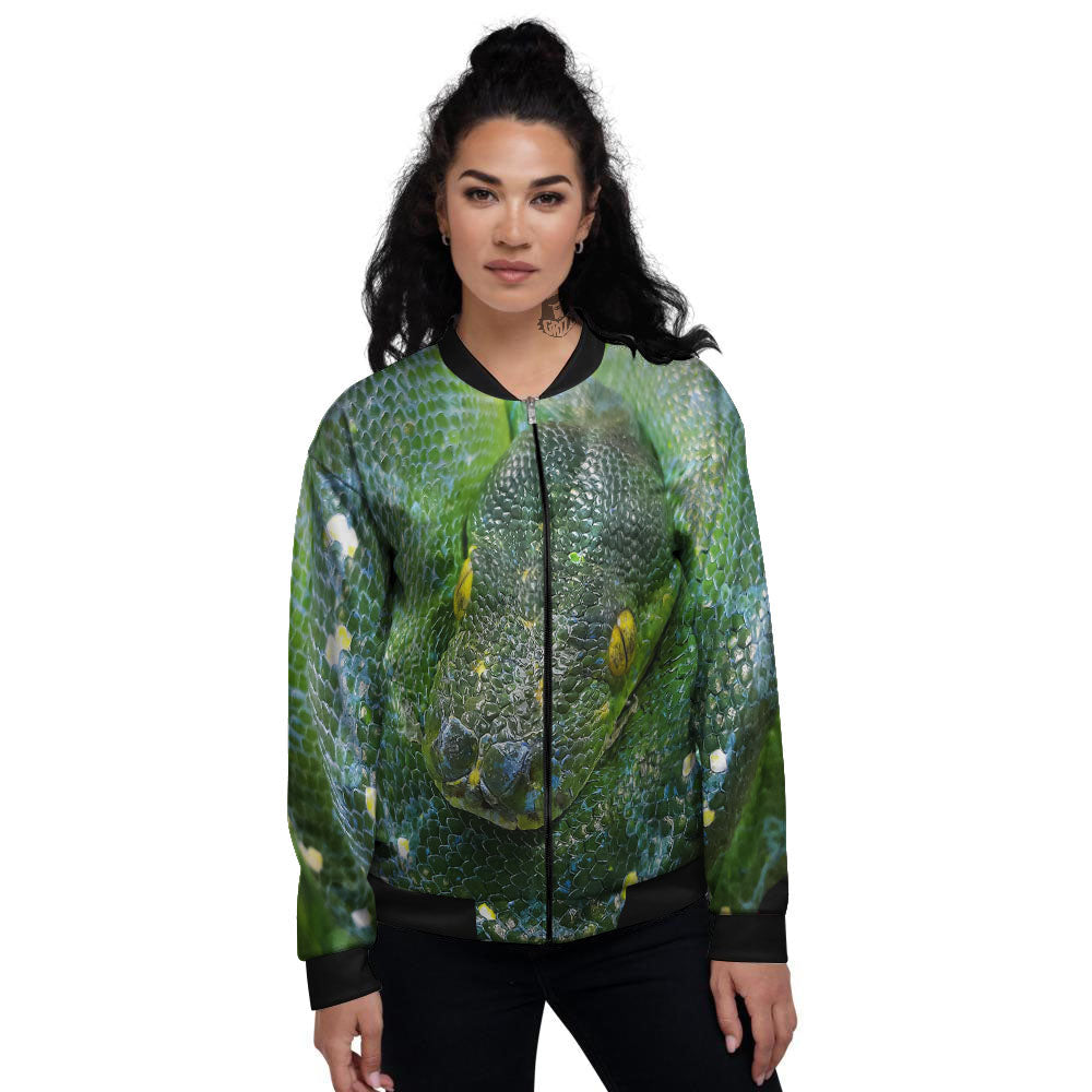 Python Snake Green Reticulated Print Women's Bomber Jacket-grizzshop