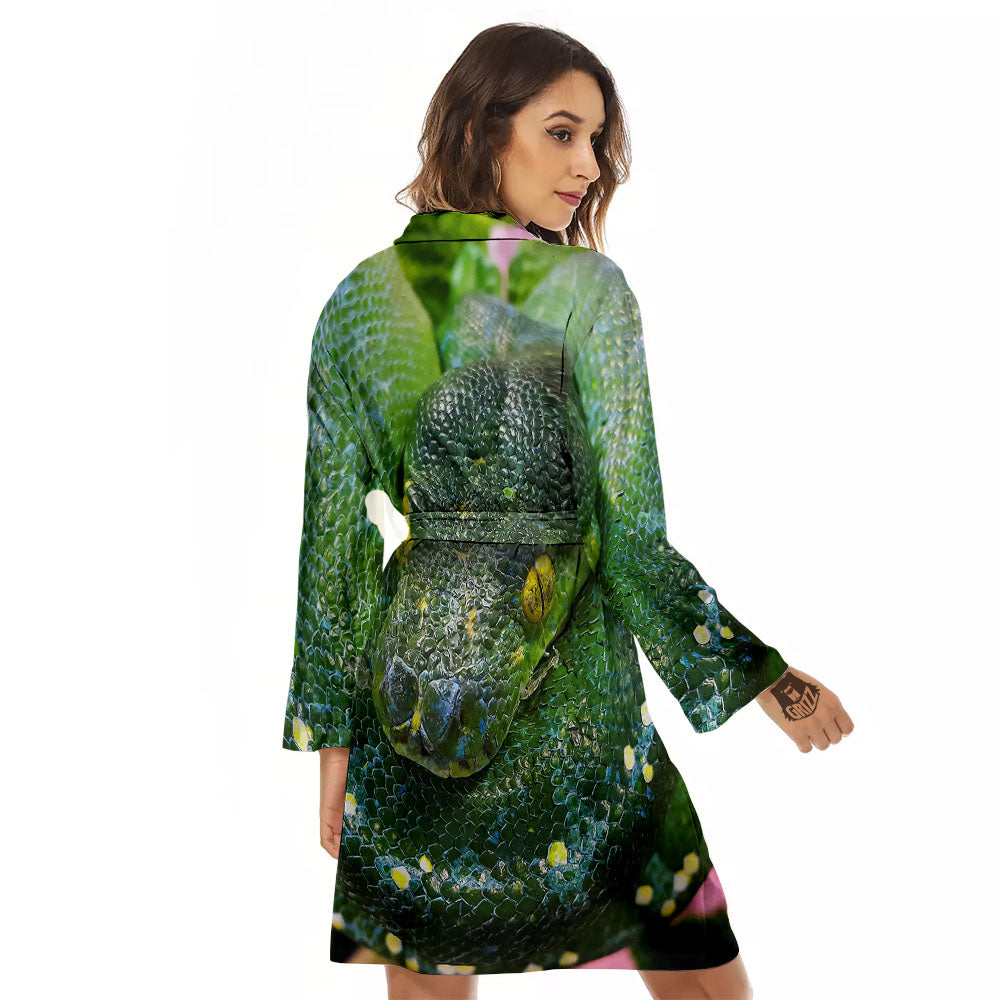Python Snake Green Reticulated Print Women's Robe-grizzshop