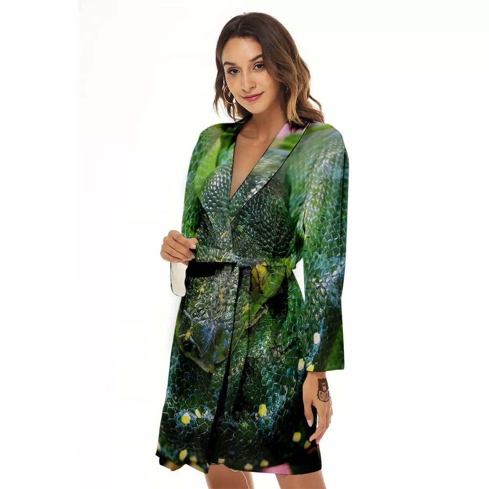 Python Snake Green Reticulated Print Women's Robe-grizzshop