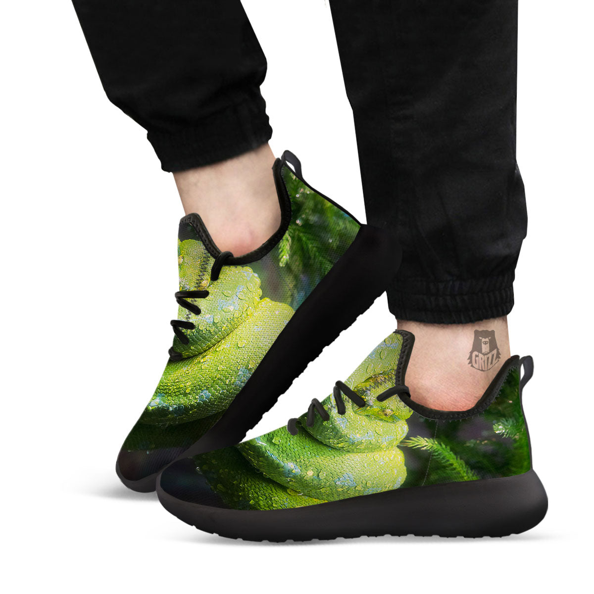 Python Snake Green Tree Print Black Athletic Shoes-grizzshop
