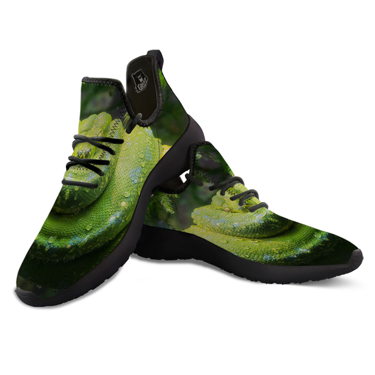 Python Snake Green Tree Print Black Athletic Shoes-grizzshop