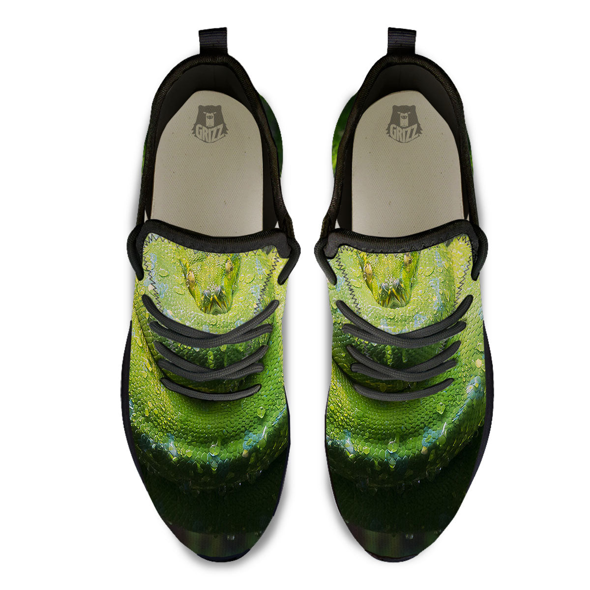 Python Snake Green Tree Print Black Athletic Shoes-grizzshop
