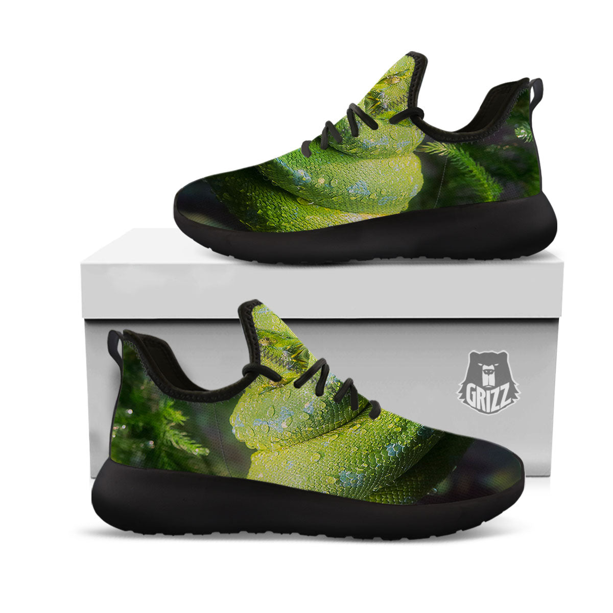 Python Snake Green Tree Print Black Athletic Shoes-grizzshop