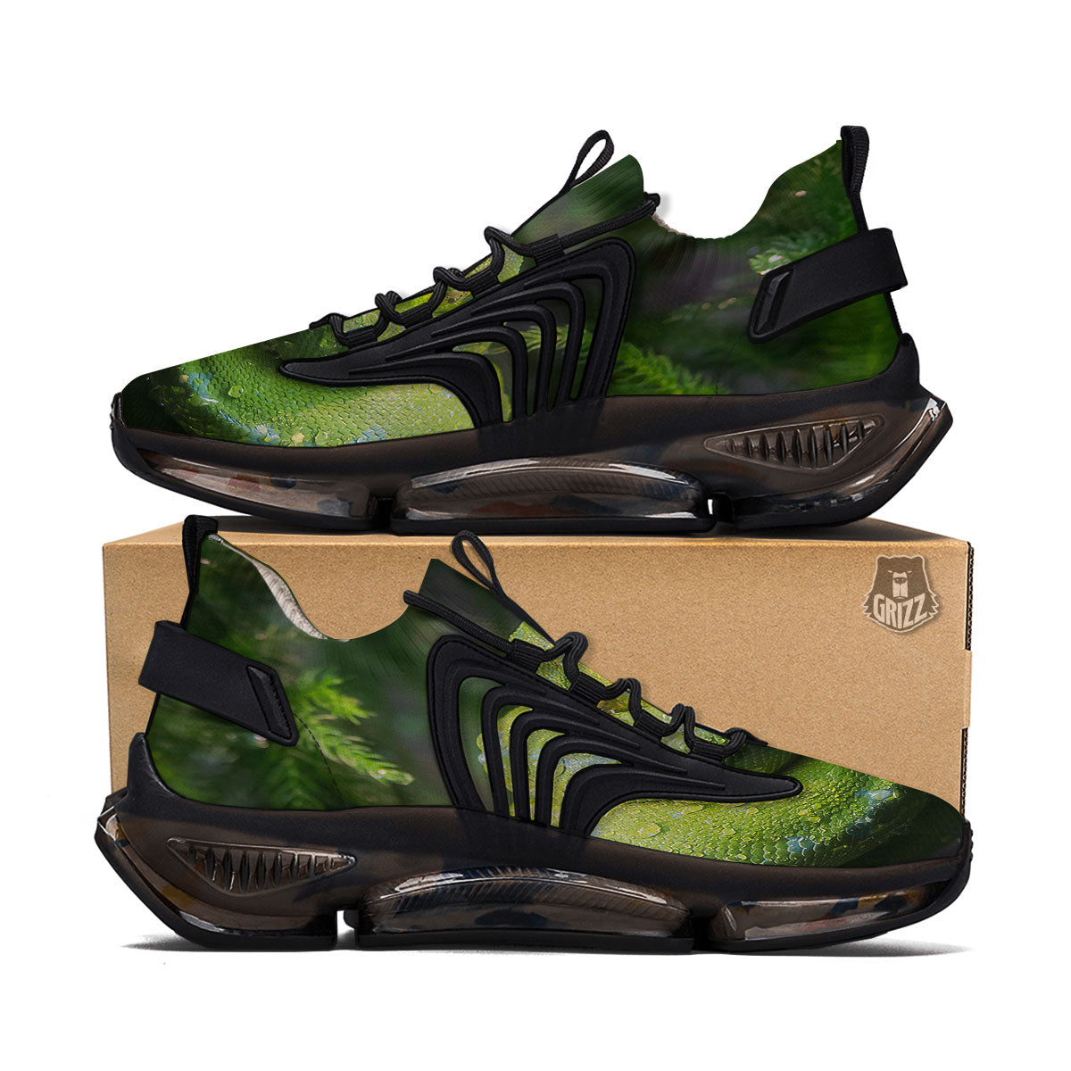 Python Snake Green Tree Print Black Gym Shoes-grizzshop