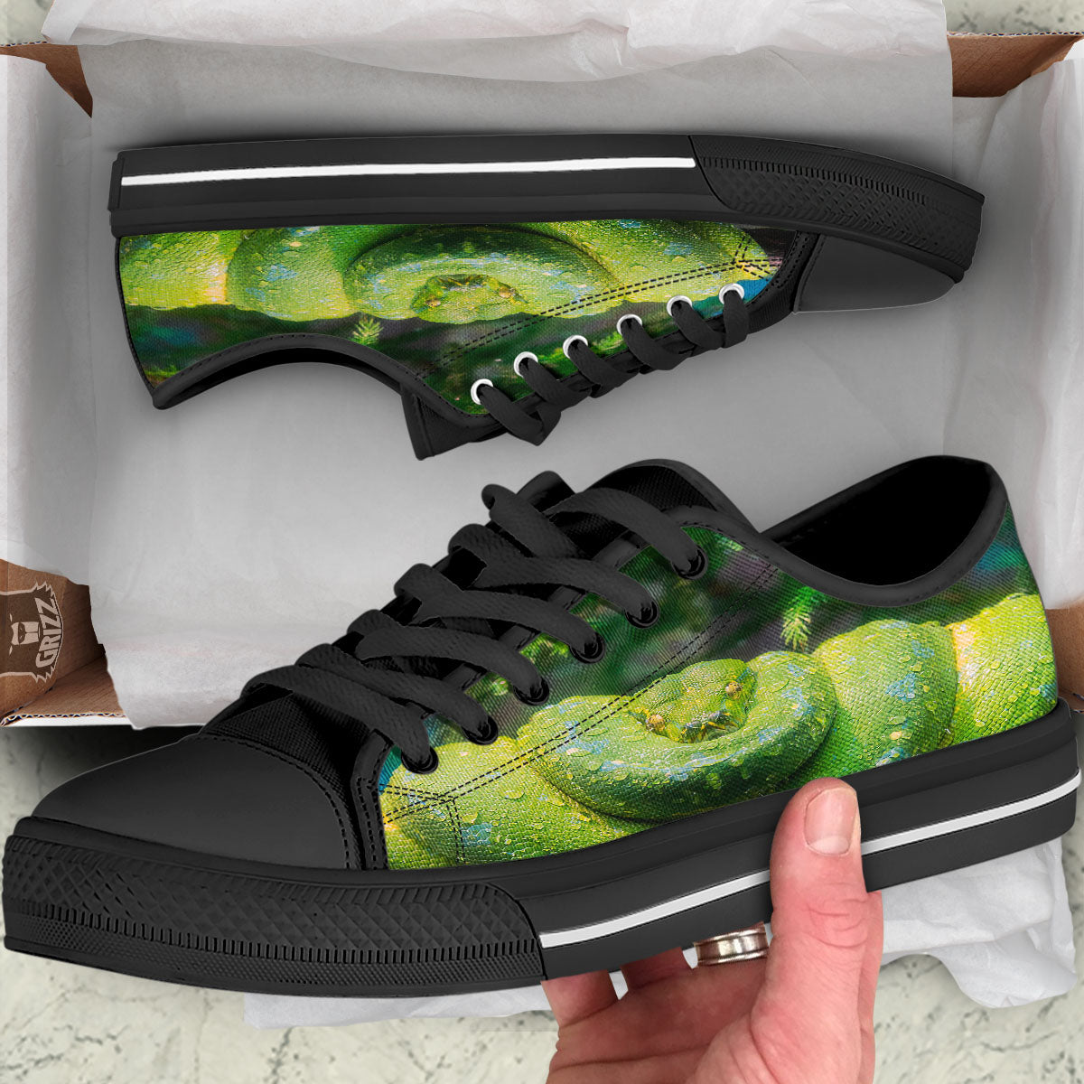 Python Snake Green Tree Print Black Low Top Shoes-grizzshop