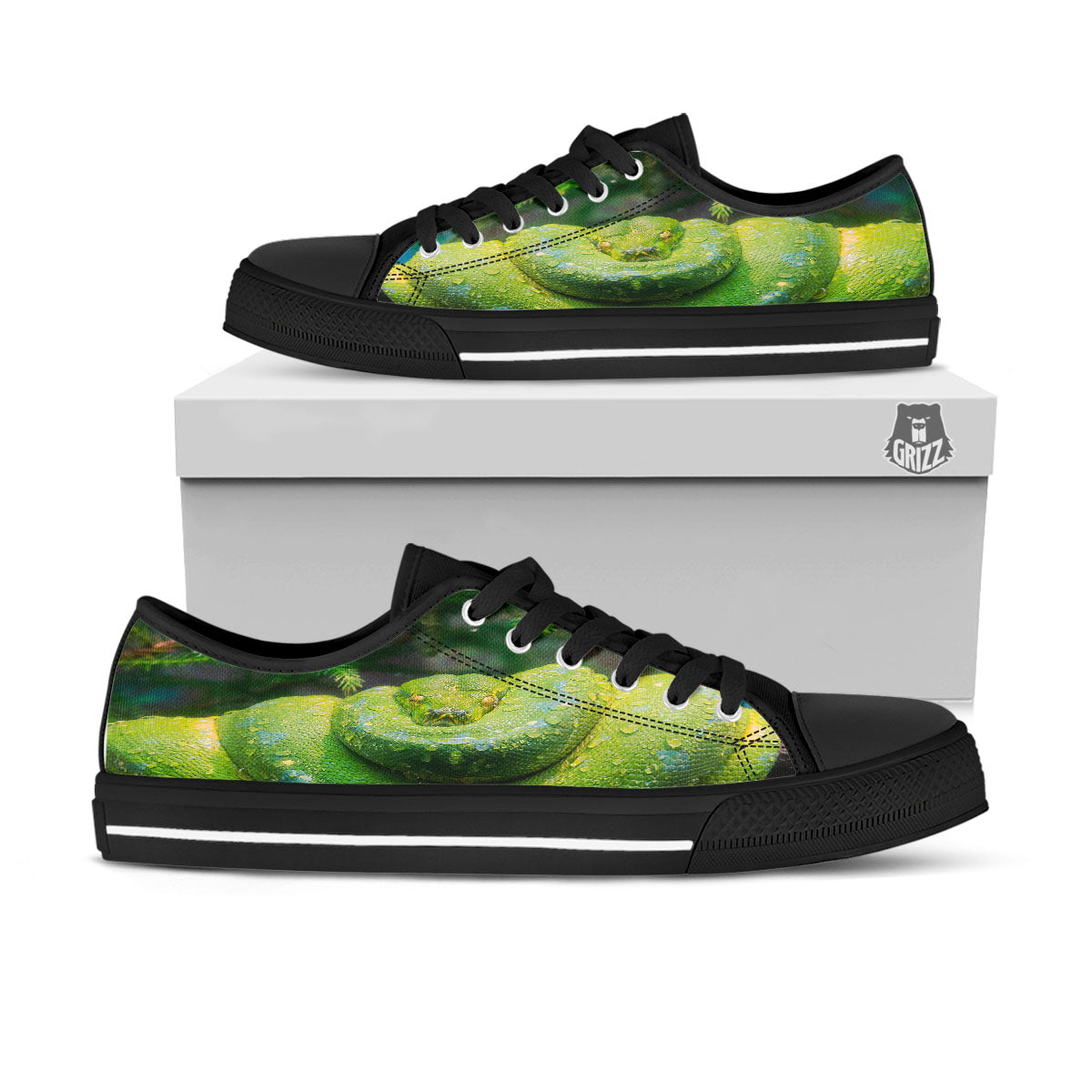 Python Snake Green Tree Print Black Low Top Shoes-grizzshop
