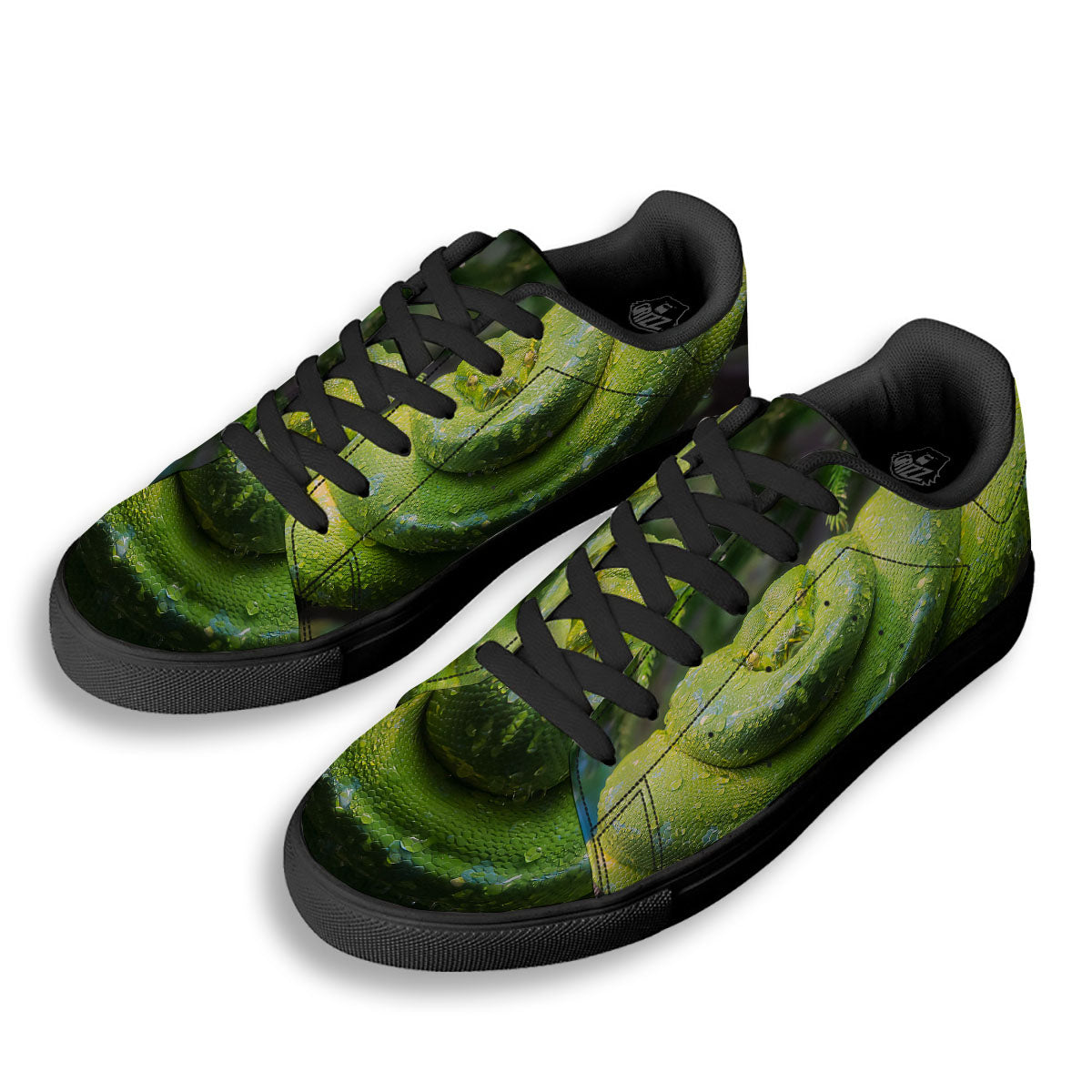 Python Snake Green Tree Print Black Low Top Sneakers-grizzshop