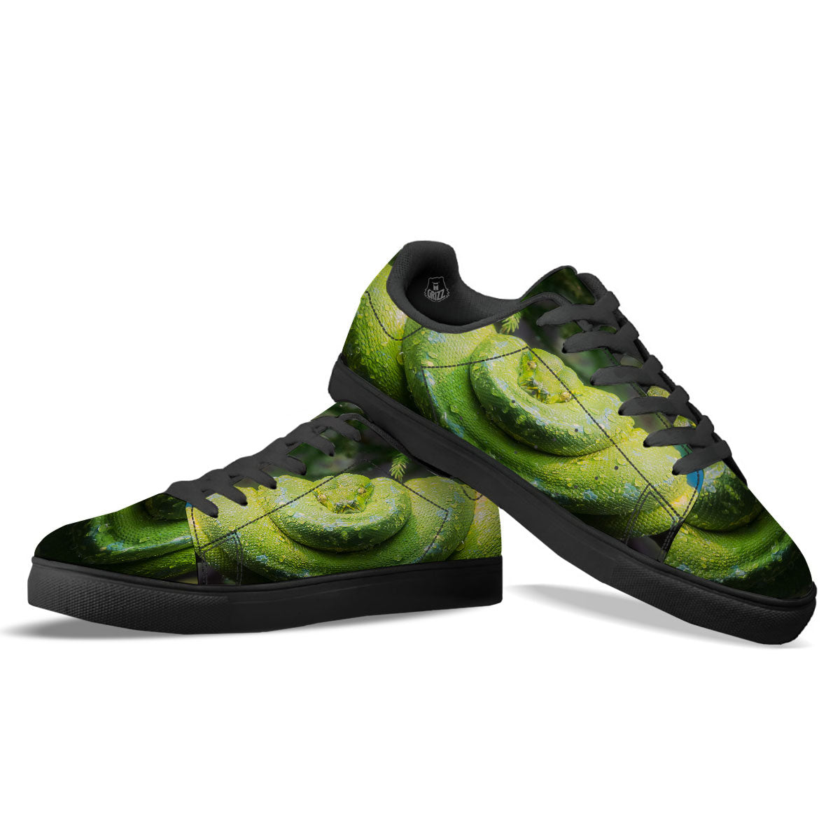 Python Snake Green Tree Print Black Low Top Sneakers-grizzshop