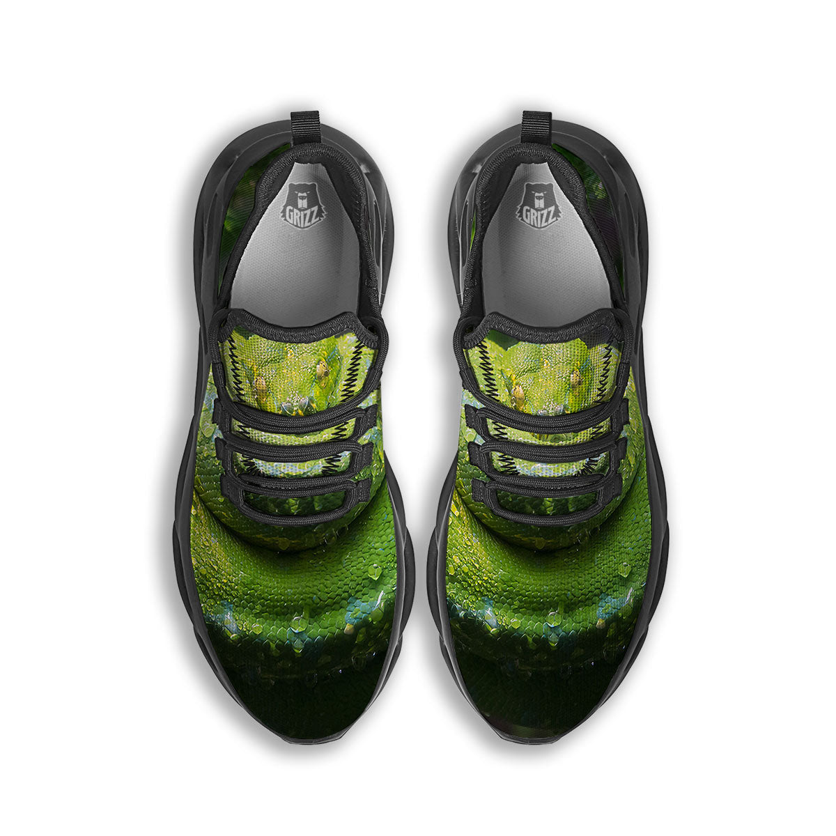 Python Snake Green Tree Print Black Running Shoes-grizzshop