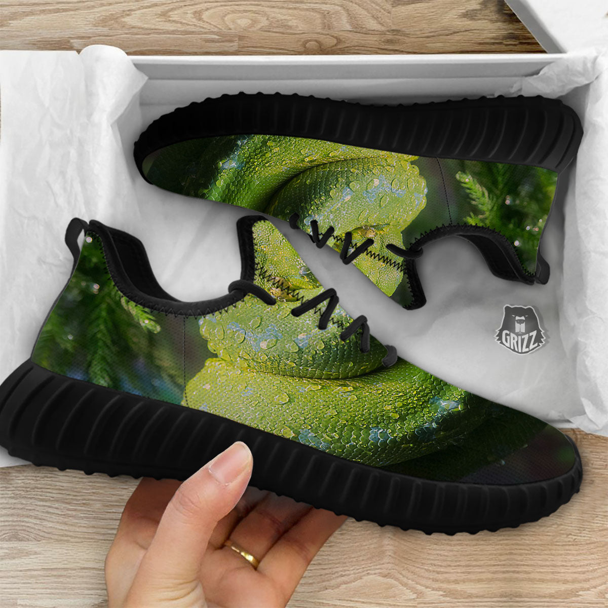 Python Snake Green Tree Print Black Walking Shoes-grizzshop