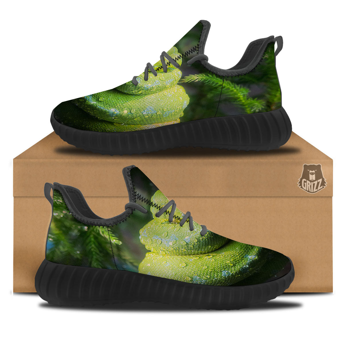 Python Snake Green Tree Print Black Walking Shoes-grizzshop