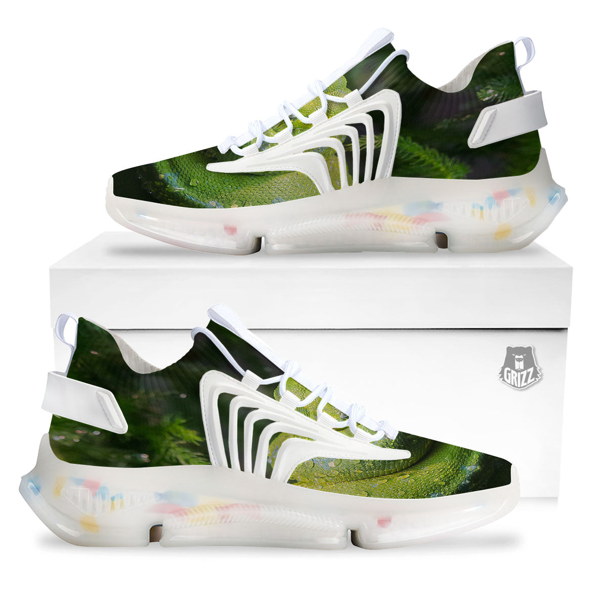Python Snake Green Tree Print White Gym Shoes-grizzshop
