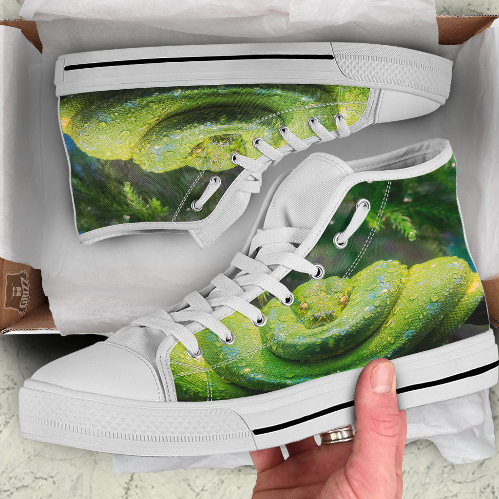 Python Snake Green Tree Print White High Top Shoes-grizzshop