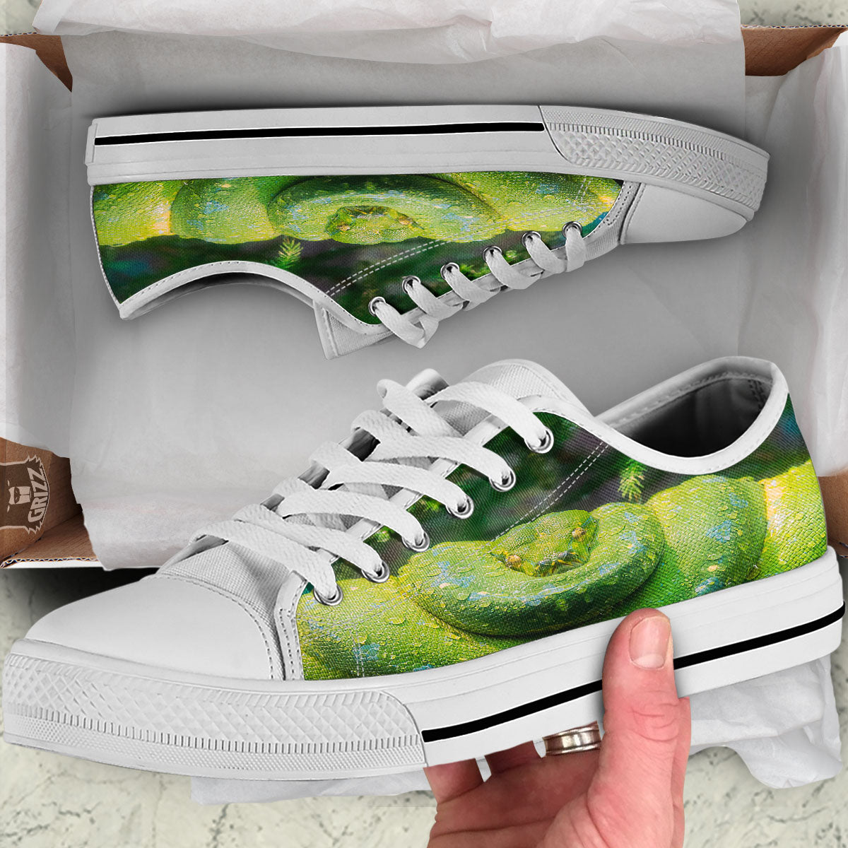 Python Snake Green Tree Print White Low Top Shoes-grizzshop