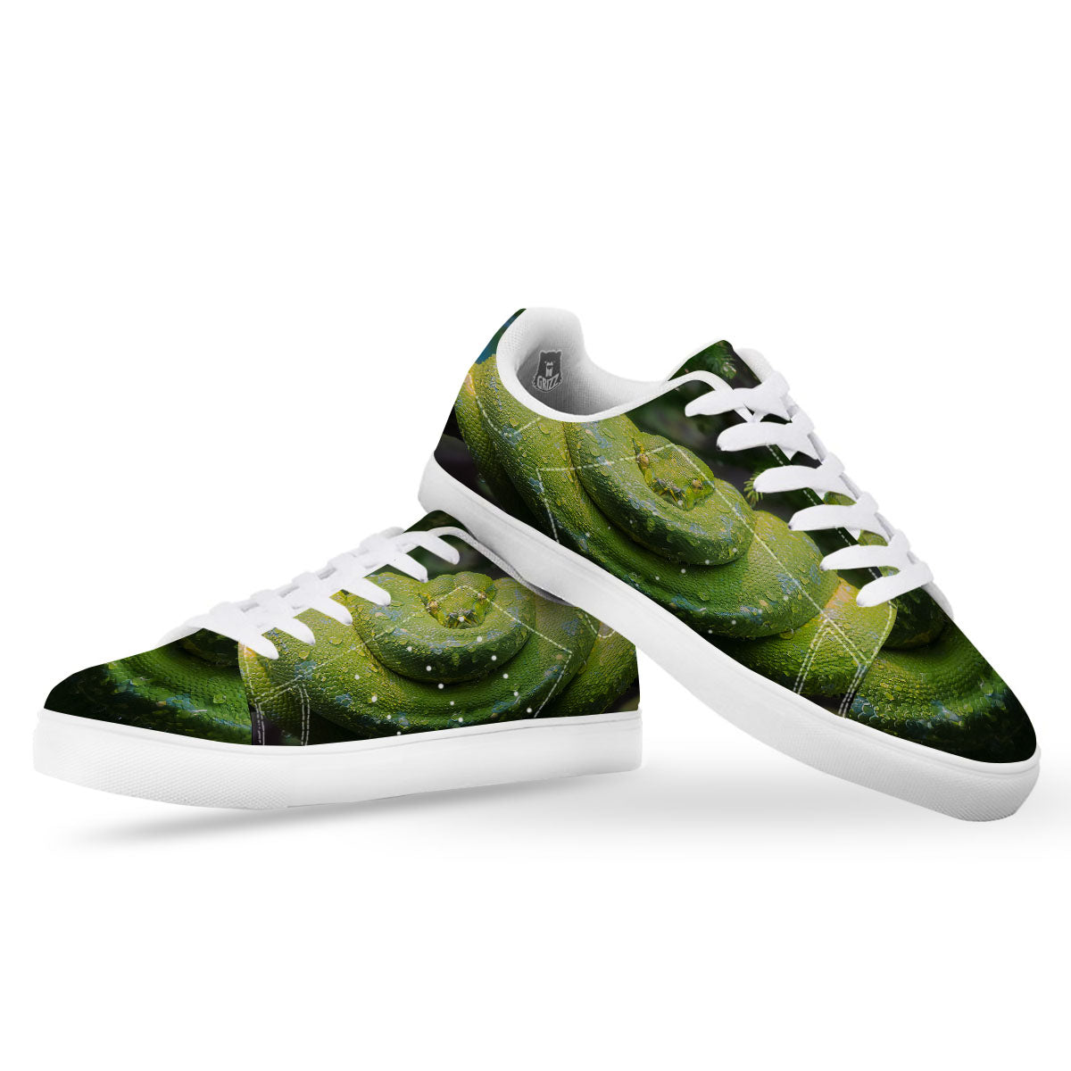 Python Snake Green Tree Print White Low Top Sneakers-grizzshop