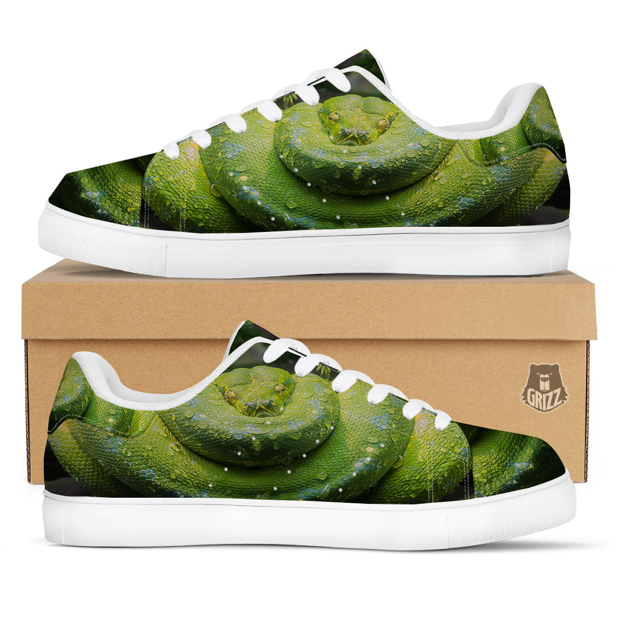 Python Snake Green Tree Print White Low Top Sneakers-grizzshop