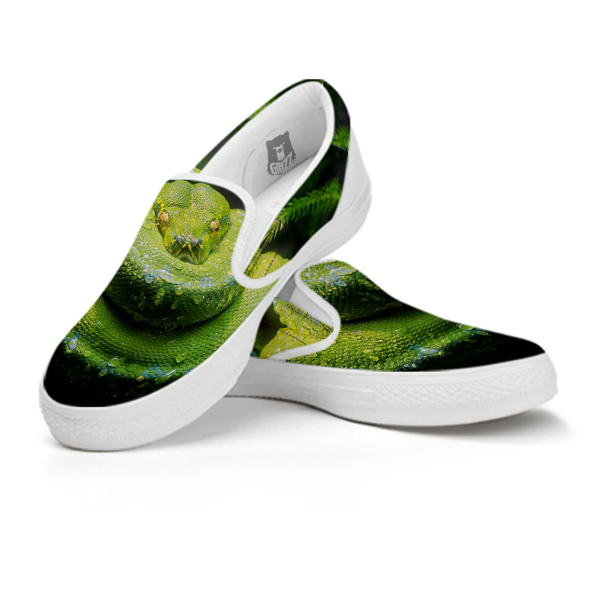 Python Snake Green Tree Print White Slip On Shoes-grizzshop