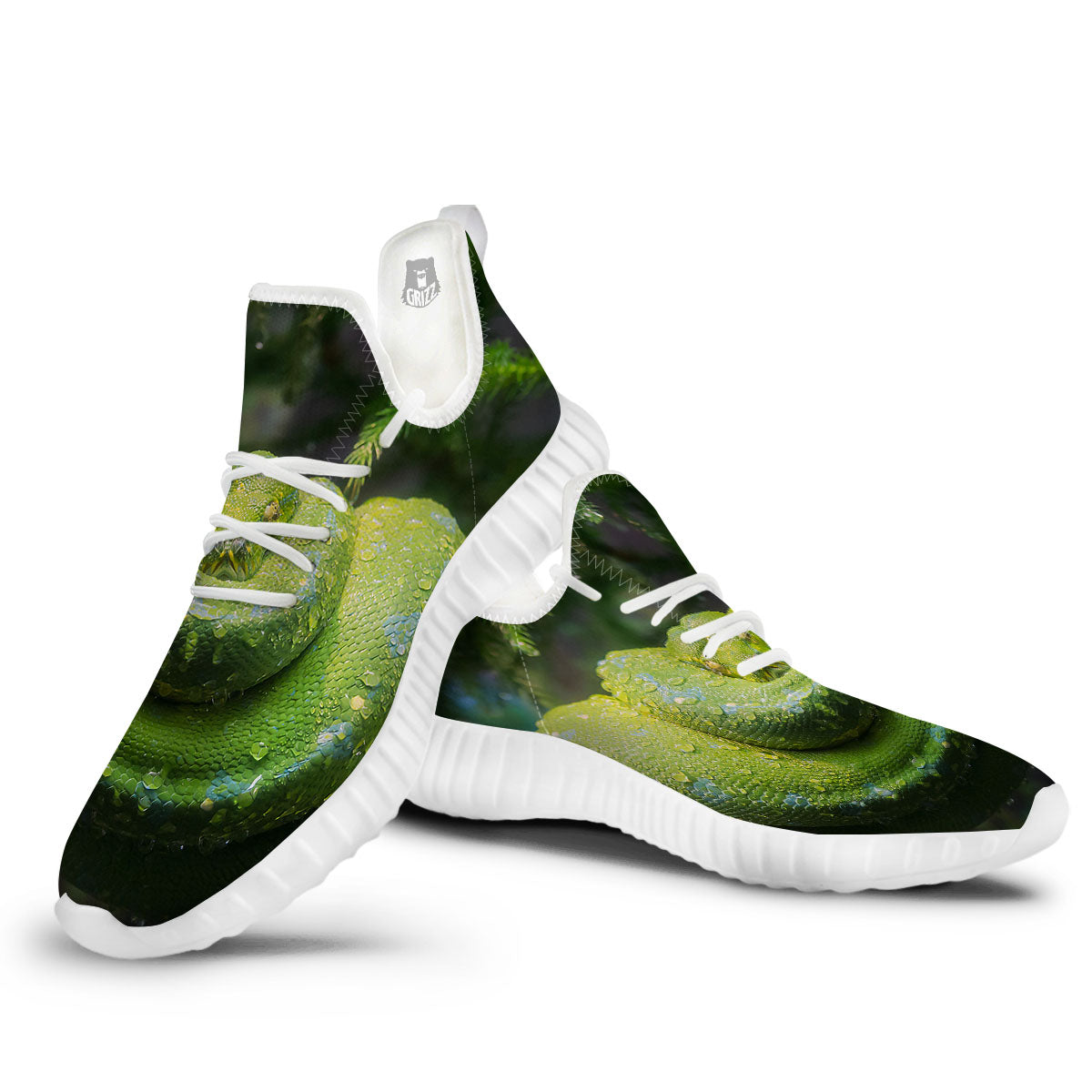 Python Snake Green Tree Print White Walking Shoes-grizzshop