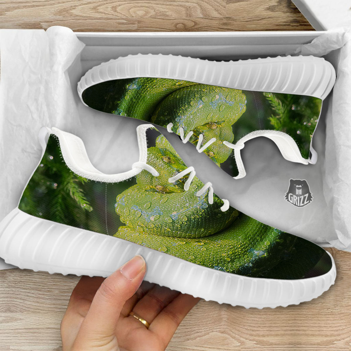 Python Snake Green Tree Print White Walking Shoes-grizzshop