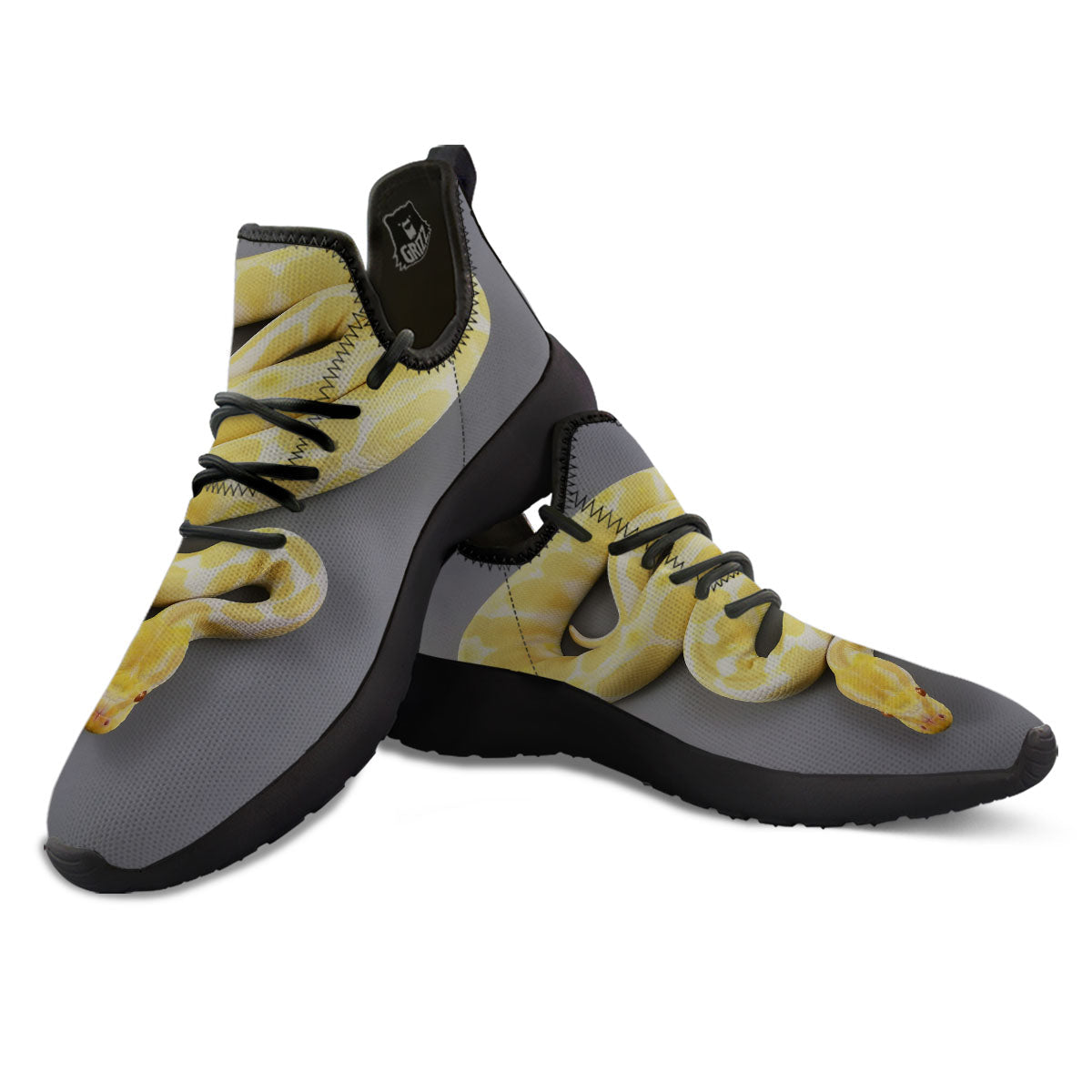 Python Snake Yellow And White Print Black Athletic Shoes-grizzshop