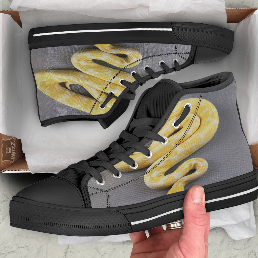 Python Snake Yellow And White Print Black High Top Shoes-grizzshop