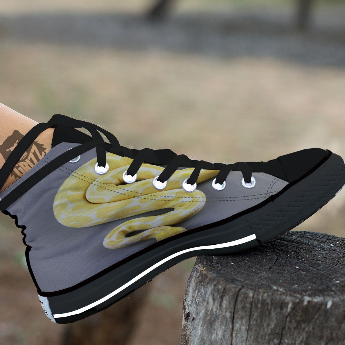 Python Snake Yellow And White Print Black High Top Shoes-grizzshop
