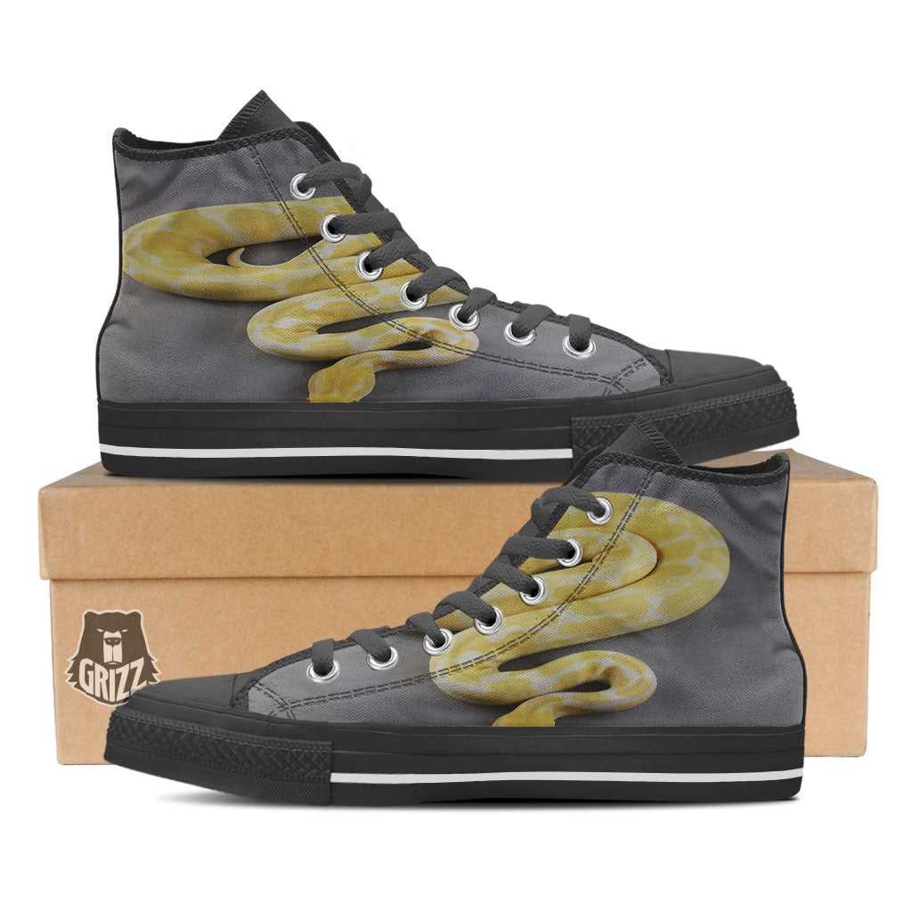 Python Snake Yellow And White Print Black High Top Shoes-grizzshop