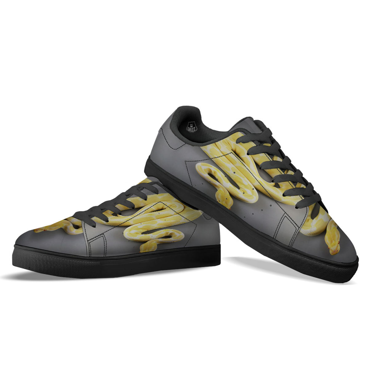 Python Snake Yellow And White Print Black Low Top Sneakers-grizzshop