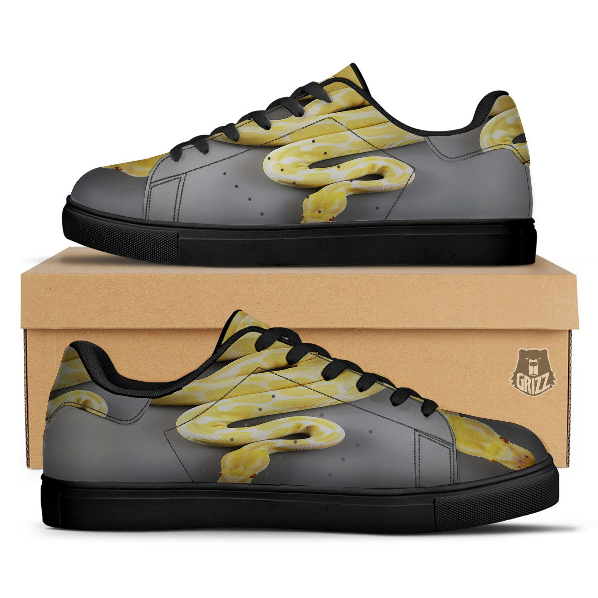 Python Snake Yellow And White Print Black Low Top Sneakers-grizzshop