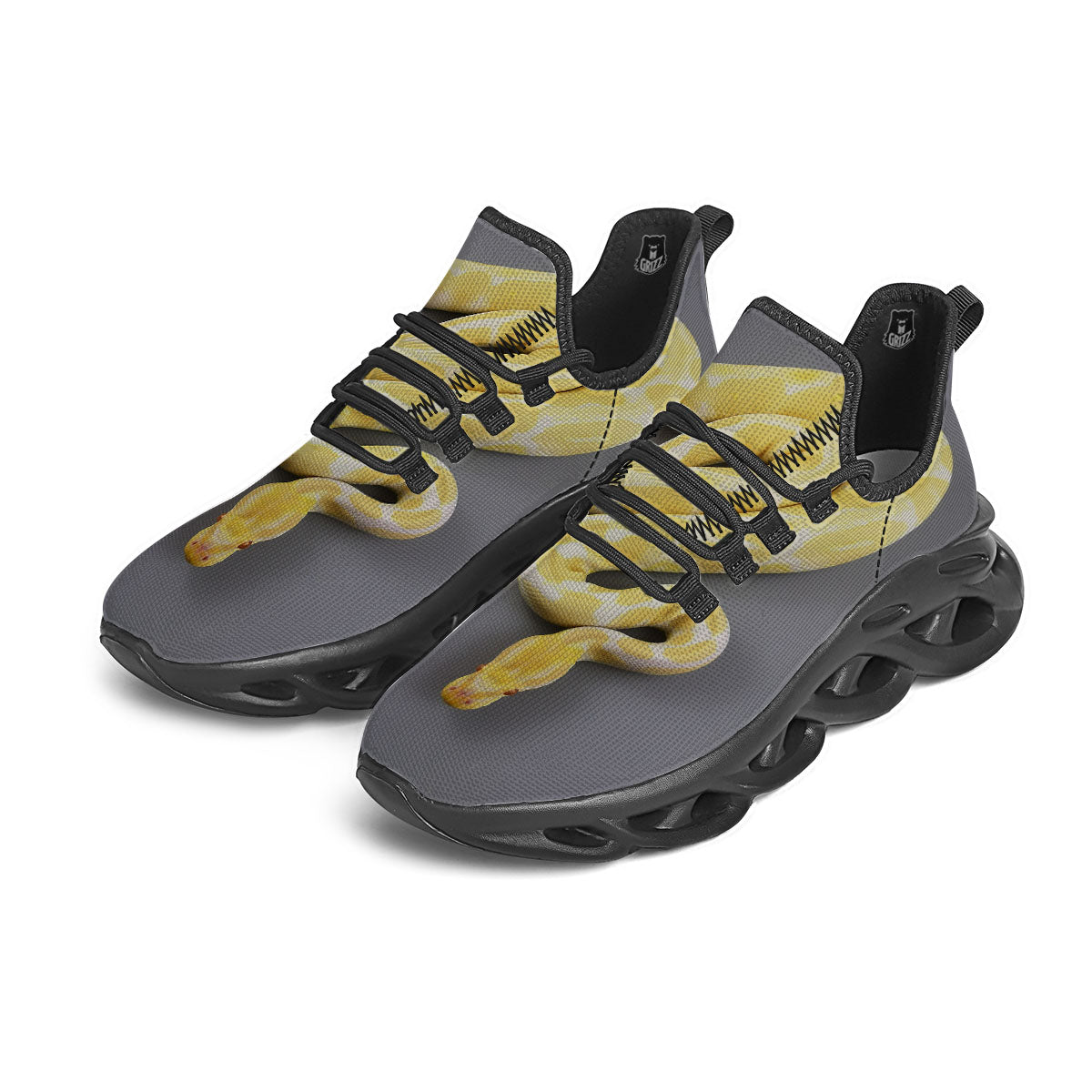 Python Snake Yellow And White Print Black Running Shoes-grizzshop