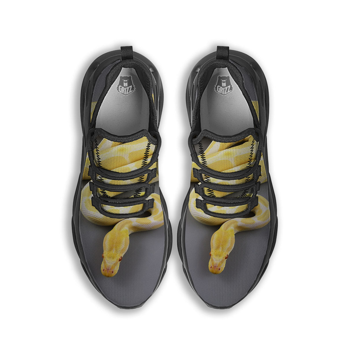 Python Snake Yellow And White Print Black Running Shoes-grizzshop