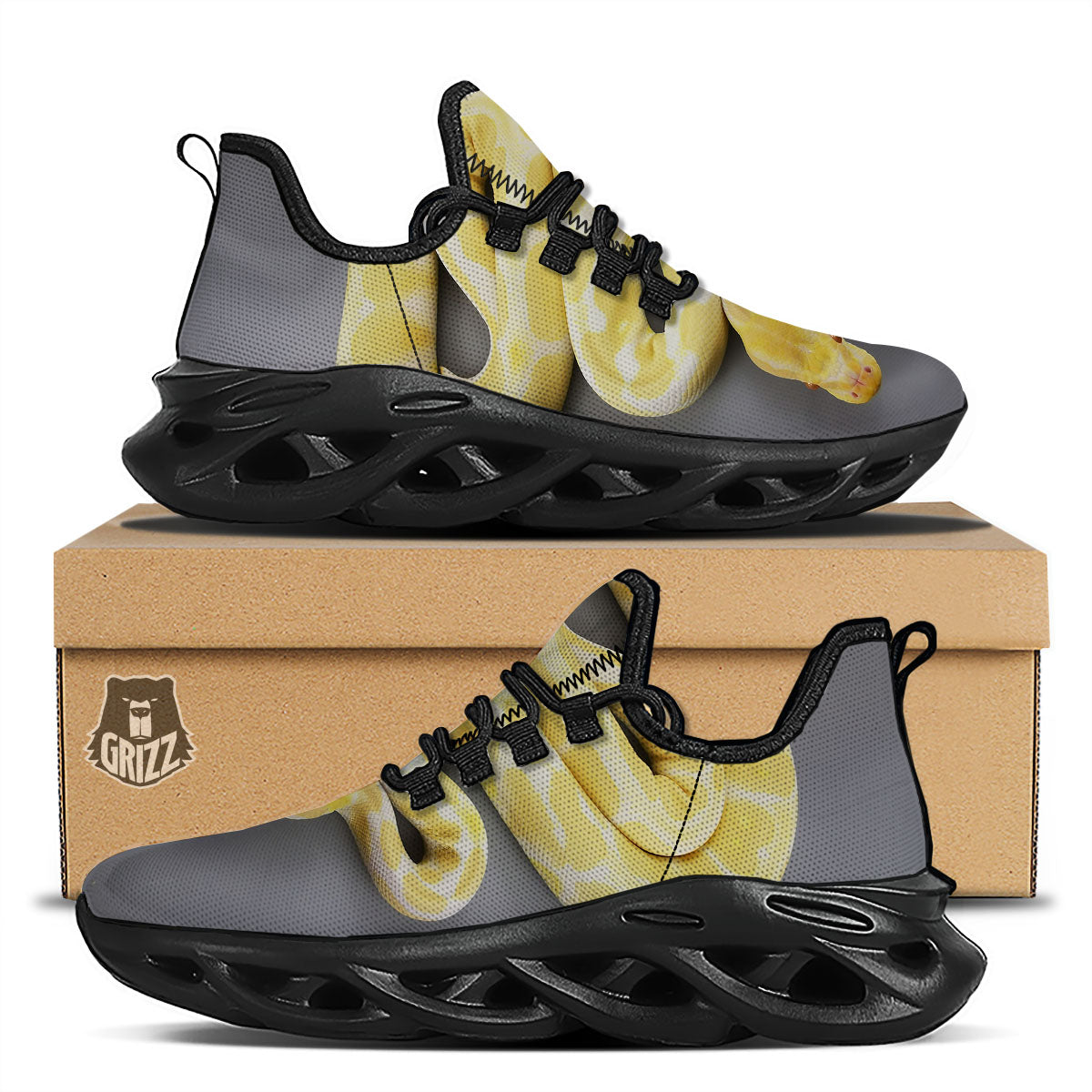 Python Snake Yellow And White Print Black Running Shoes-grizzshop