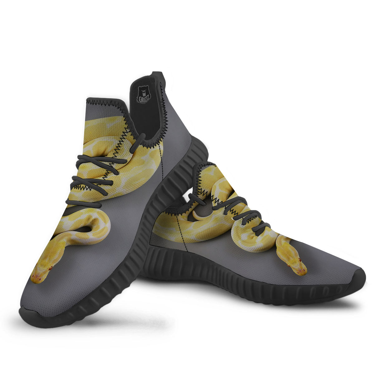 Python Snake Yellow And White Print Black Walking Shoes-grizzshop
