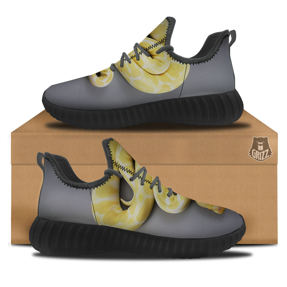 Python Snake Yellow And White Print Black Walking Shoes-grizzshop