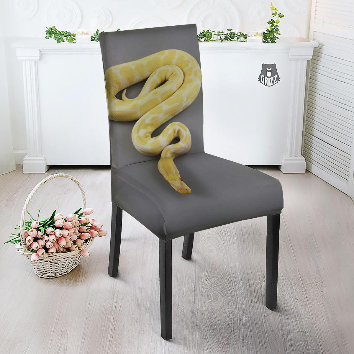 Python Snake Yellow And White Print Dining Chair Slipcover-grizzshop