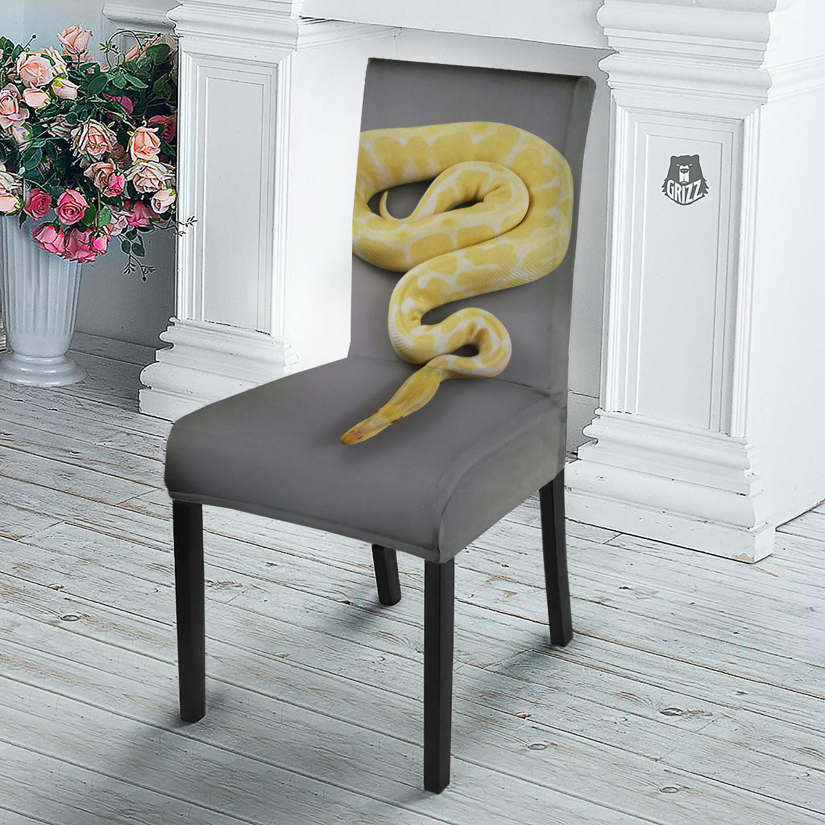 Python Snake Yellow And White Print Dining Chair Slipcover-grizzshop
