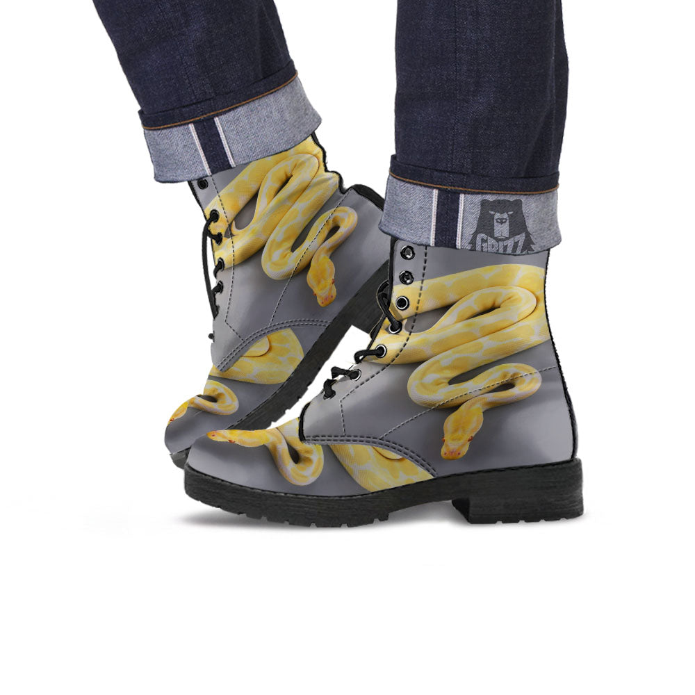 Python Snake Yellow And White Print Leather Boots-grizzshop