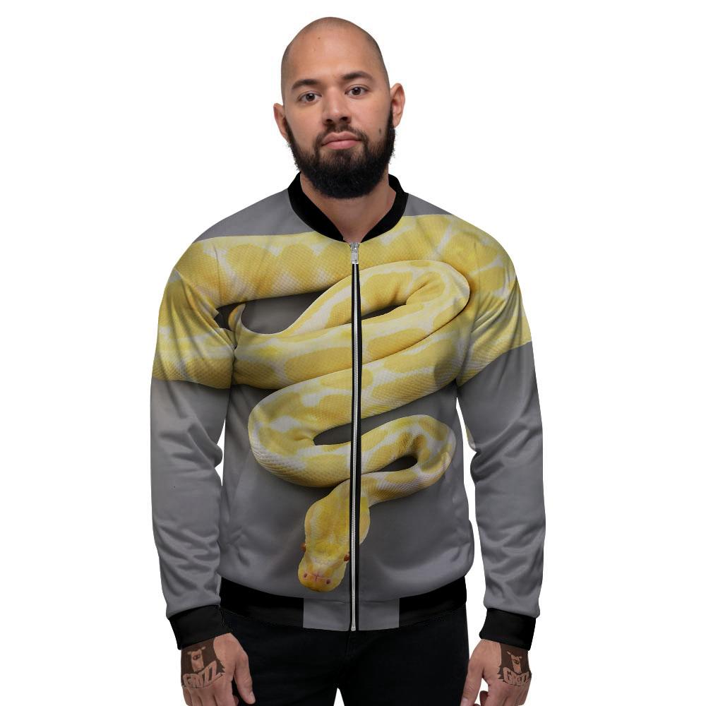 Python Snake Yellow And White Print Men's Bomber Jacket-grizzshop