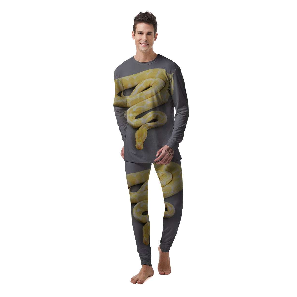 Python Snake Yellow And White Print Men's Pajamas-grizzshop