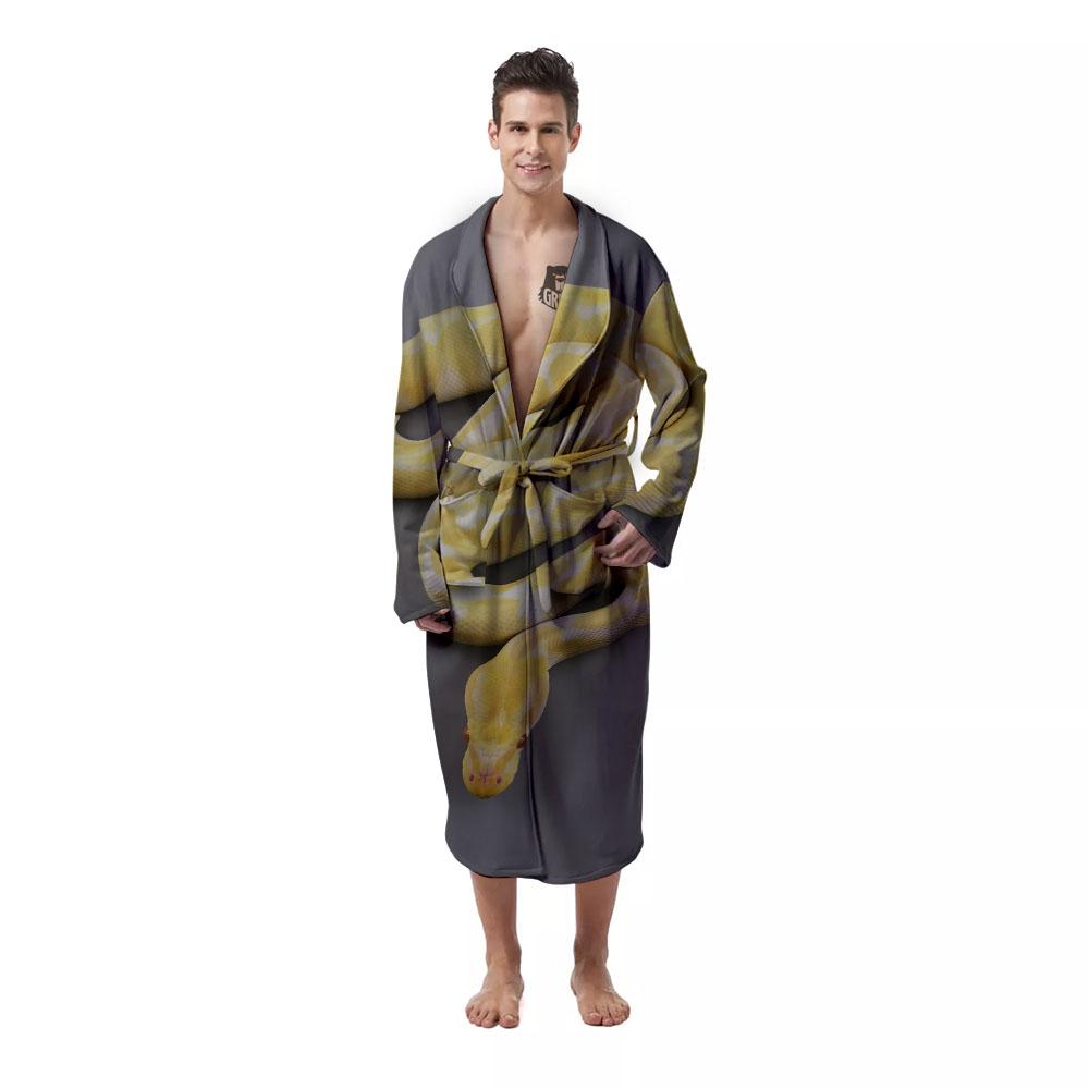 Python Snake Yellow And White Print Men's Robe-grizzshop