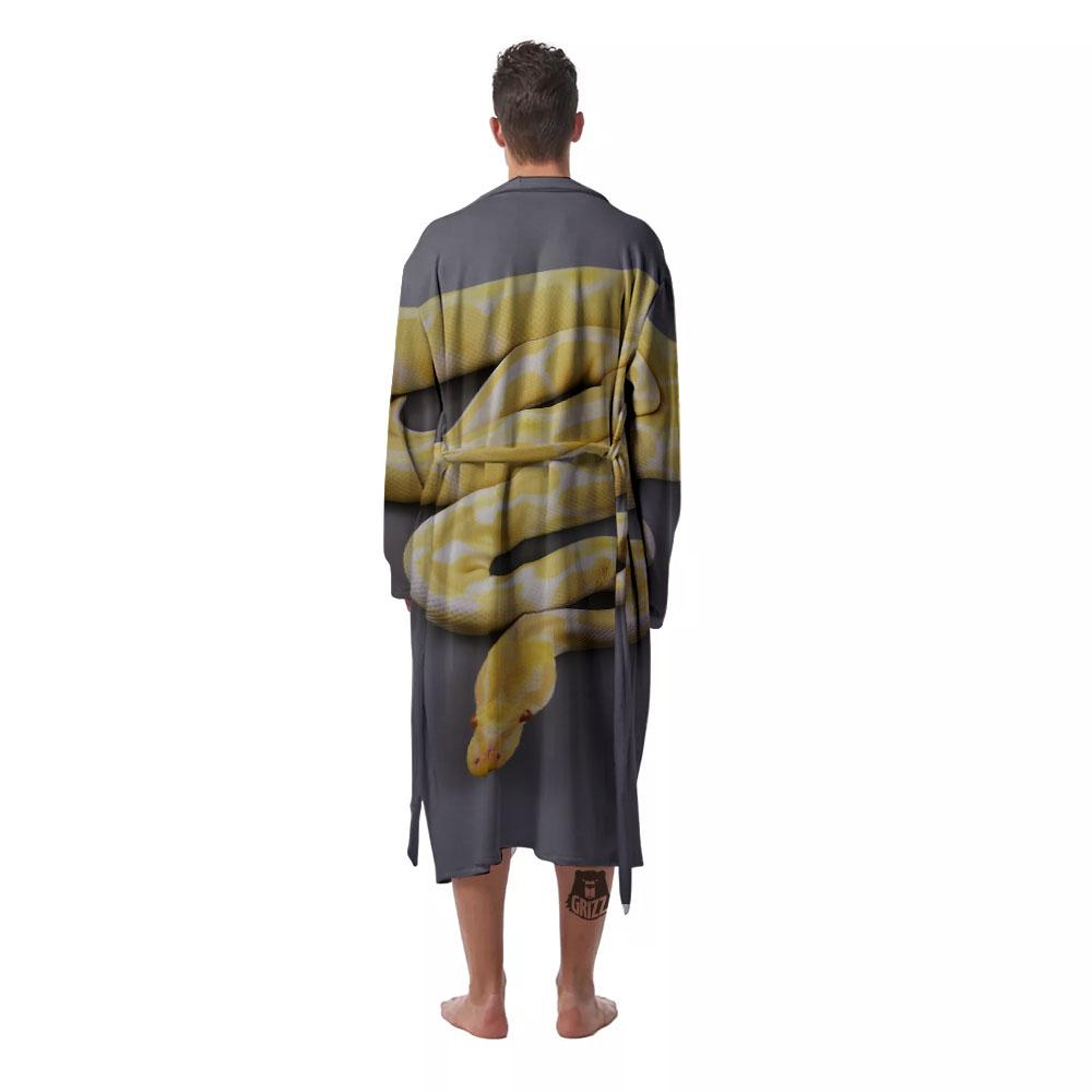 Python Snake Yellow And White Print Men's Robe-grizzshop