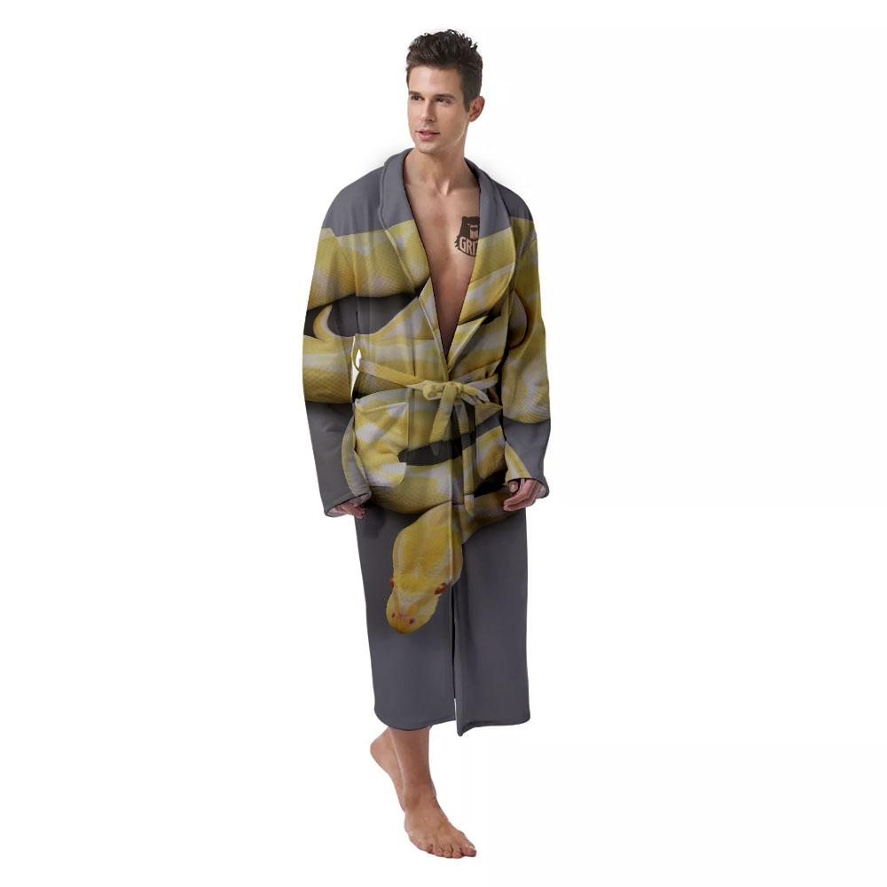 Python Snake Yellow And White Print Men's Robe-grizzshop