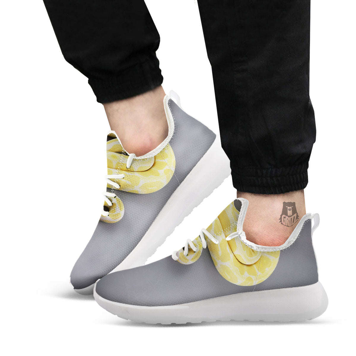 Python Snake Yellow And White Print White Athletic Shoes-grizzshop