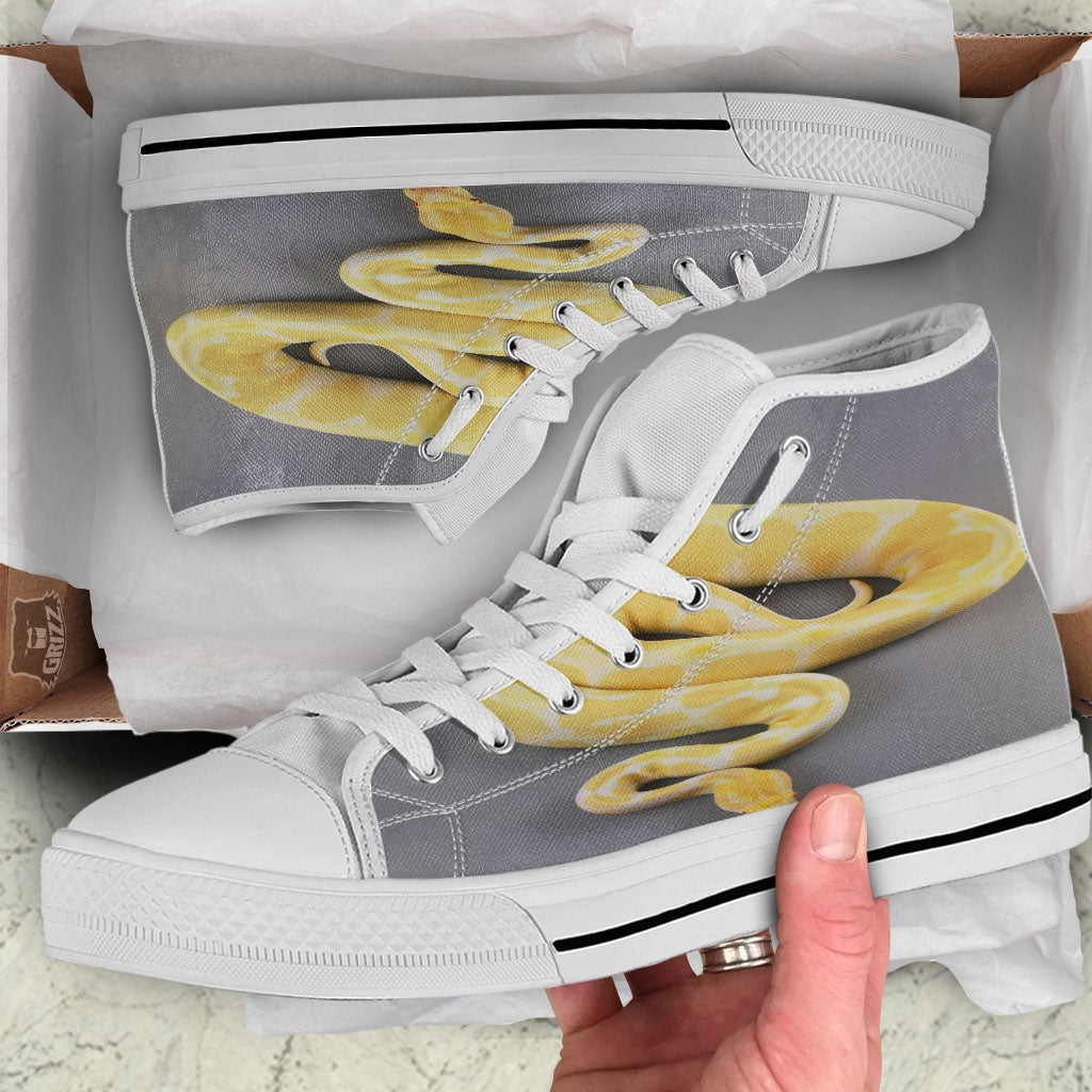 Python Snake Yellow And White Print White High Top Shoes-grizzshop