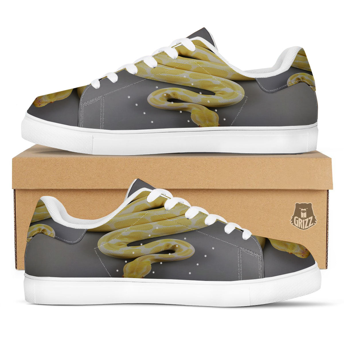 Python Snake Yellow And White Print White Low Top Sneakers-grizzshop