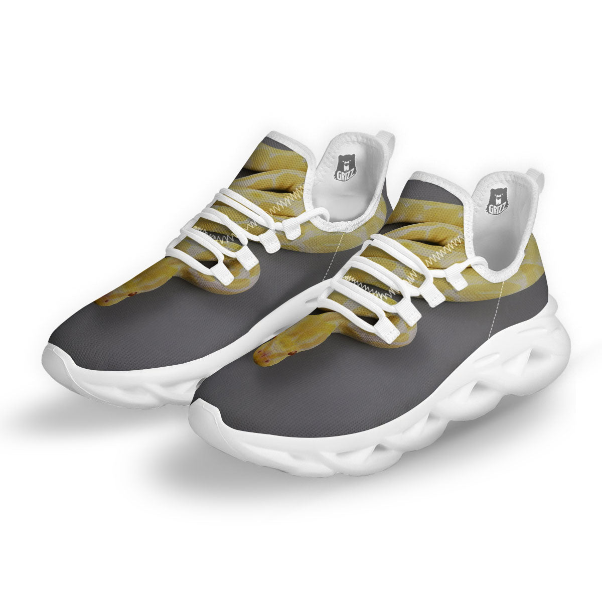 Python Snake Yellow And White Print White Running Shoes-grizzshop